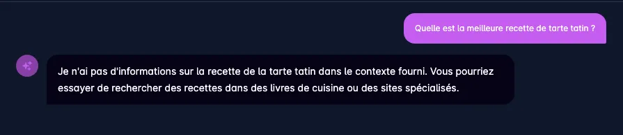 L'assistant répond qu'il n'a pas d'information sur ce sujet dans le contexte fourni, au lieu d'inventer une réponse